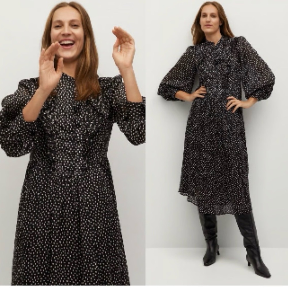 Mango ruffled pleated polka dot lined midi party office flowy ruffle feminine 4